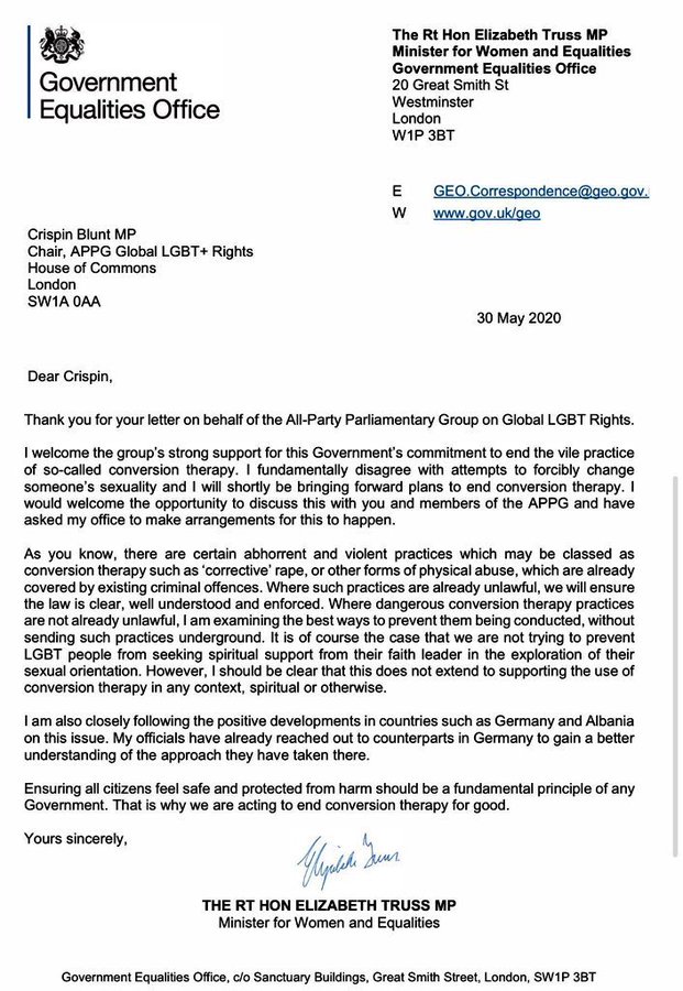 Letter to Crispin Blunt MP from Liz Truss about conversion therapy.